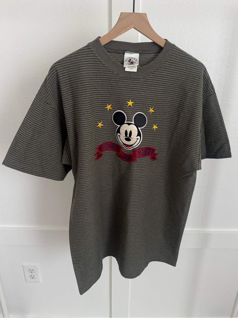 Disney Vintage Mickey Mouse Green Striped Short Sleeve Shirt